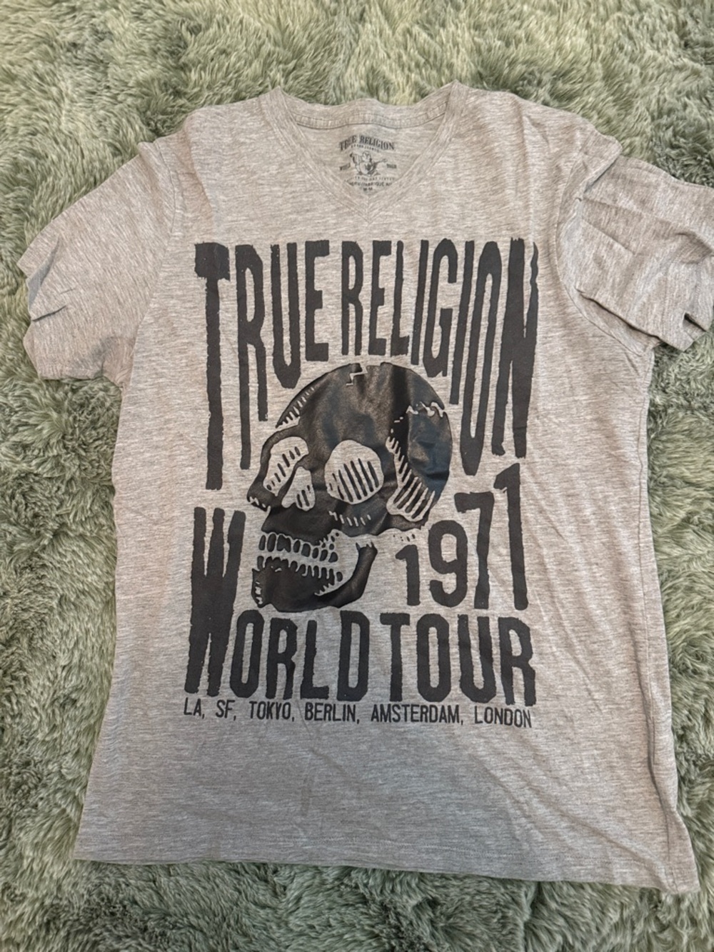 True Religion Heather Gray Graphic Skull 'World Tour' Tee